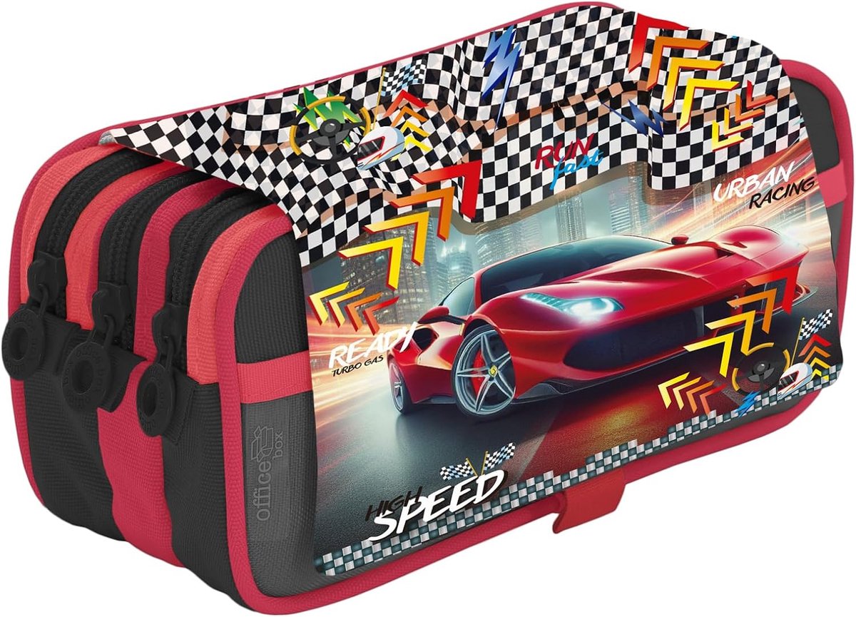 Drievoudig Etui - Opbergtas Pennen - School Kantoor - Drie Grote Vakken - 22 cm Lengte - Racing Kleuren