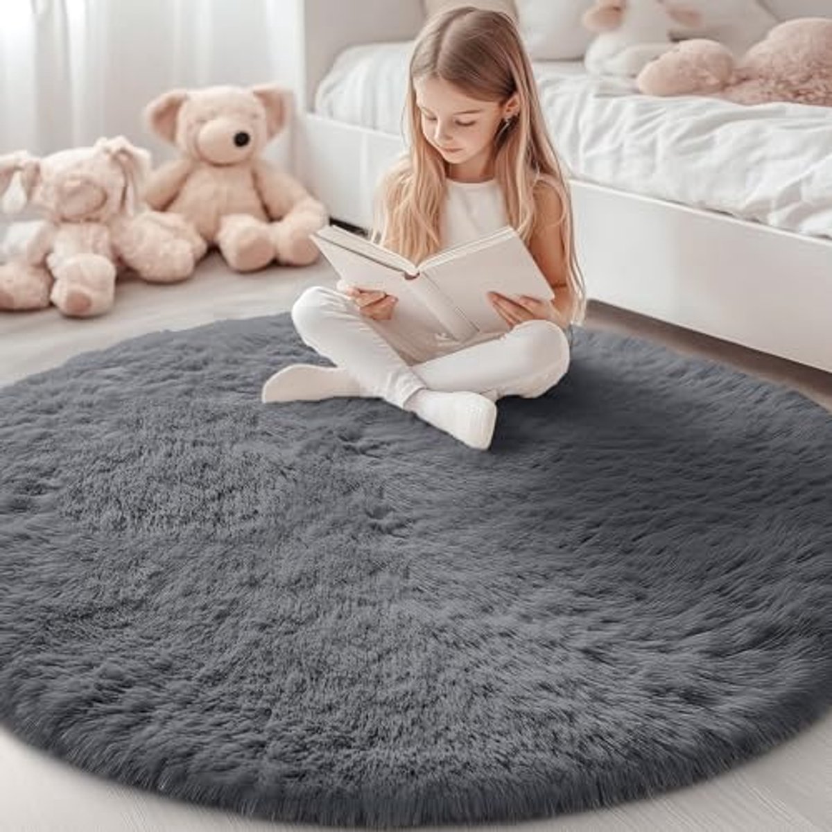 HOmaxy Woonkamerkleed - Kunstbont Vloerkleed- Hoogpolig- Pluizig En Zacht Klein Tapijt- 153x153 cm -Rond - Grijs