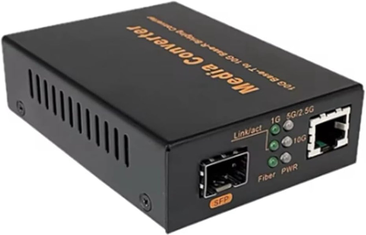 Glasvezel Media Converter - Ethernet naar Vezel - Netwerk Uitbreiding - Ondersteunt 1.25G/10G - 23x12x5 cm - Zwart