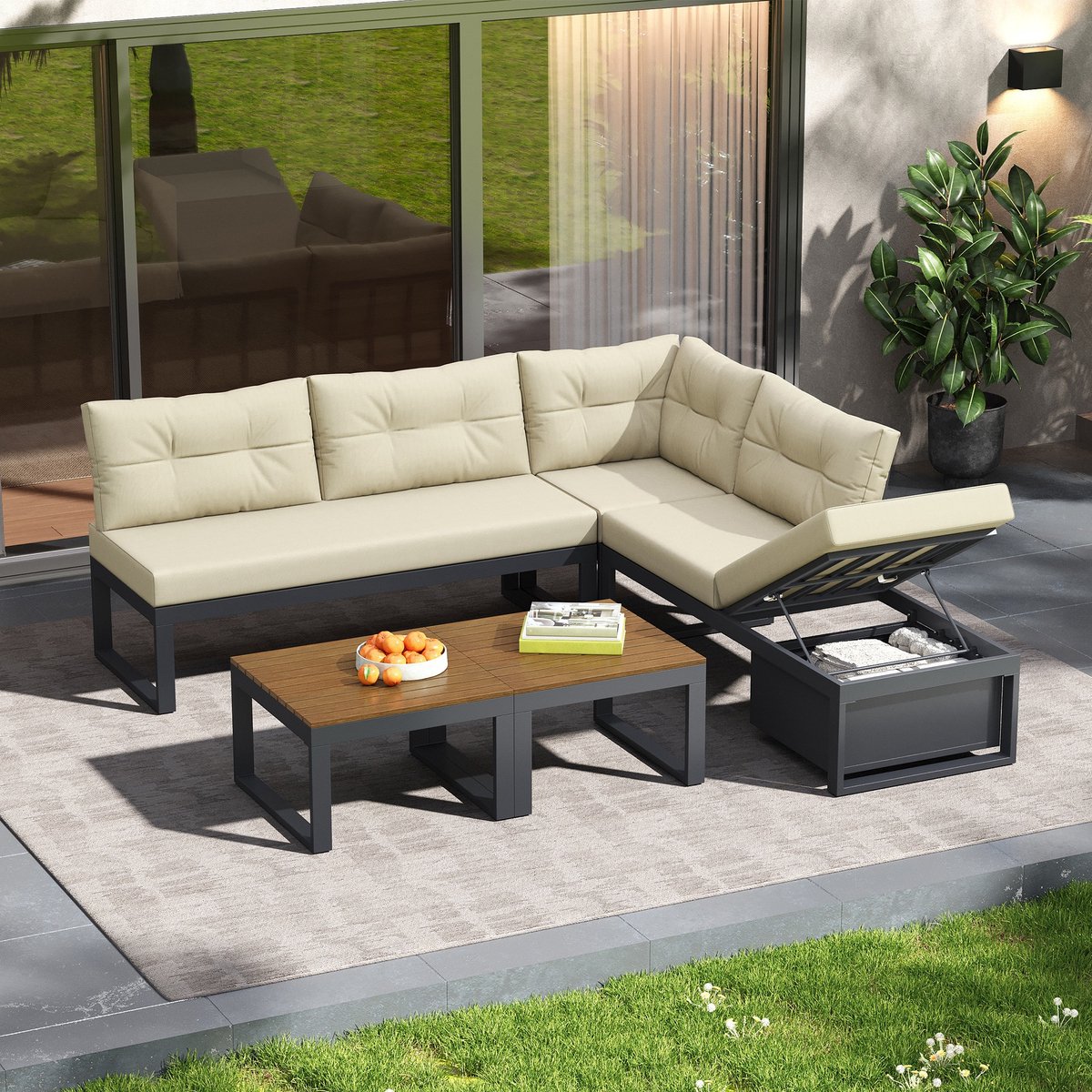 Sweiko Tuin loungeset - Hoekbank + salontafel - Verstelbare rugleuning - Met kussens - Opbergruimte - Beige