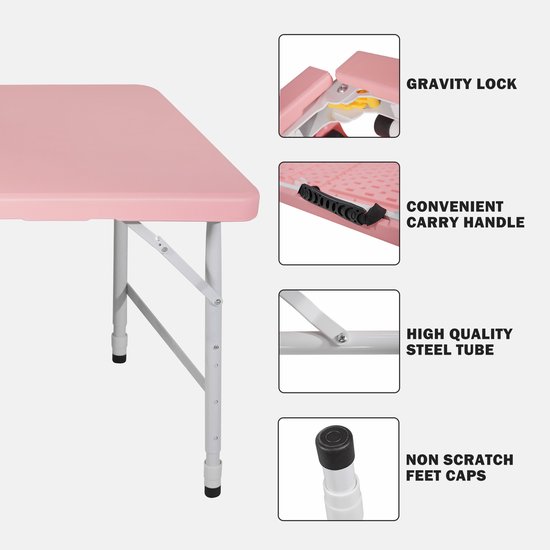 Campingtafels 125 cm - Inklapbaar Met Handgreep En Verstelbare Hoogte - Multifunctioneel - Kunststof - Roze — afbeelding 2