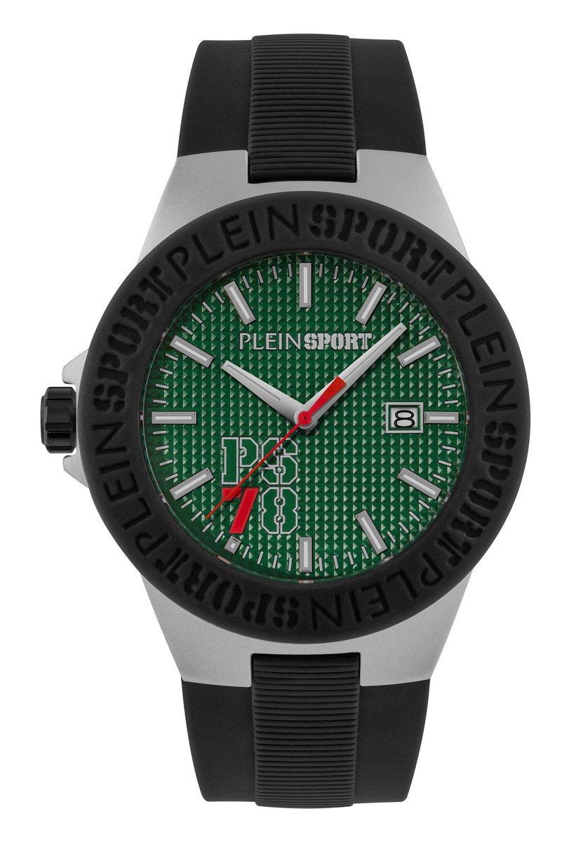 Plein Sport Vortex Quartz Analoog Horloge Zwart En Groen Kast: 100% Gerecycled Roestvrij Staal| Armband: Siliconen 46 mm PSRGA0226, PSRGA0326, PSRGA0426