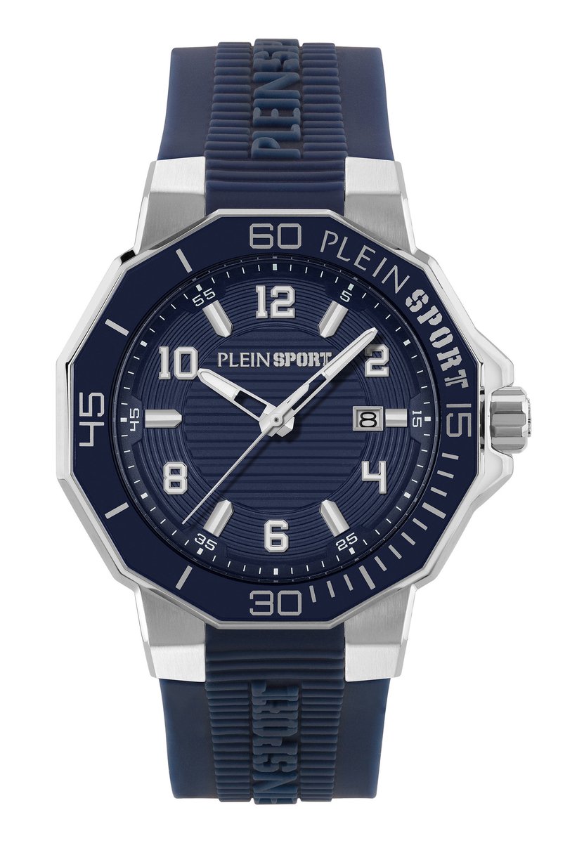 Plein Sport Titan 3H Quartz Analoog Horloge Blauw Kast: 100% Gerecycled Roestvrij Staal| Armband: Siliconen 44 mm PSUGA0126, PSUGA0326, PSUGA0426, PSUGA0526, PSUGA0626