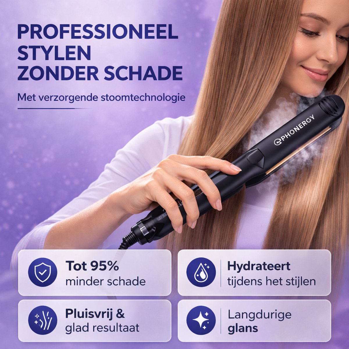 Phonergy Steampro- Stijltang- Krultang - Stoom- 2 in 1 - LED - afbeelding 3