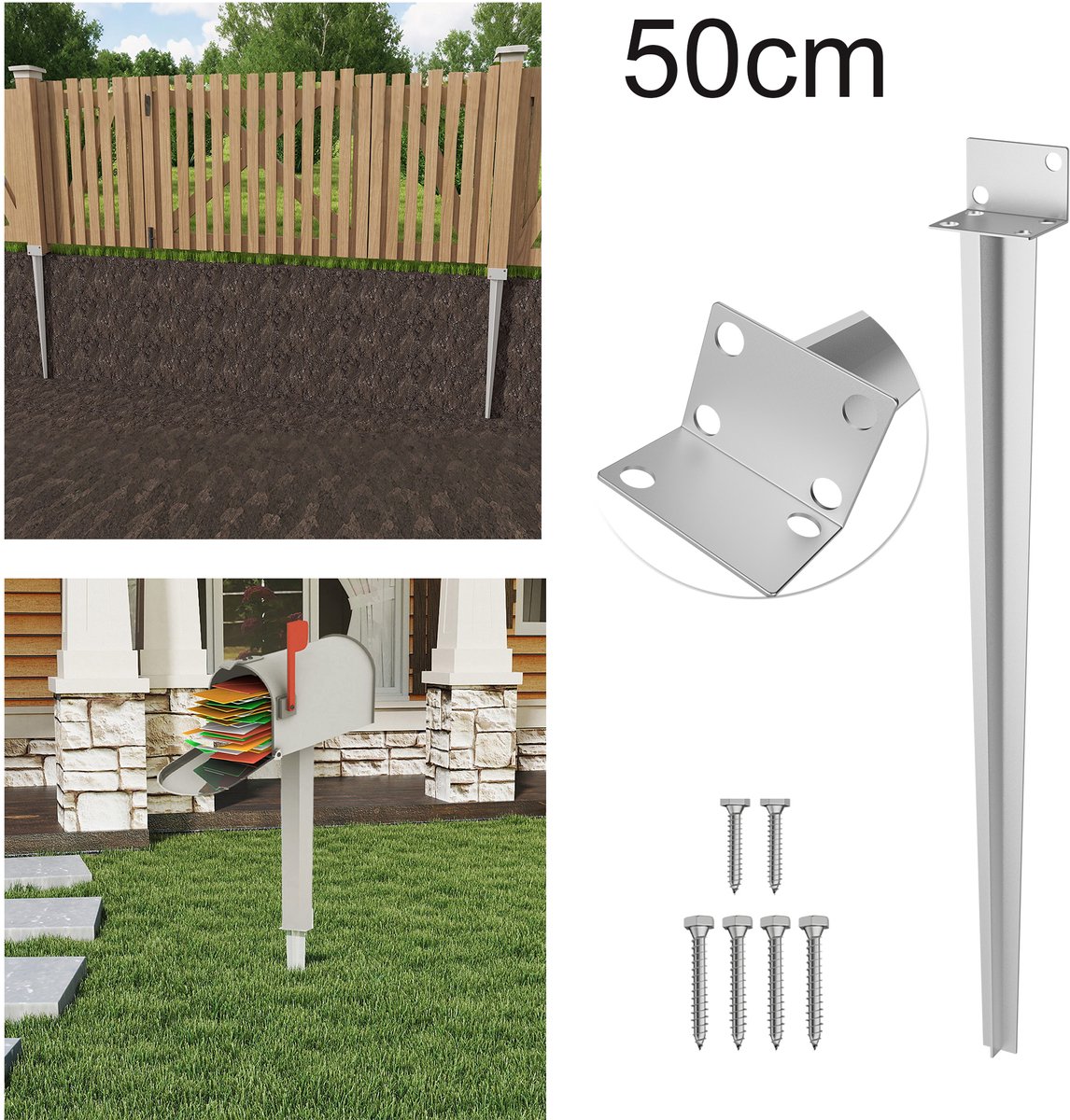 Froadp 6x L-paalhouder, inslaghuls, grondhuls 50 cm, grondanker, paalhouder voor houten palen, zinklook, tuin, schutting, terras, balkon, stabiel