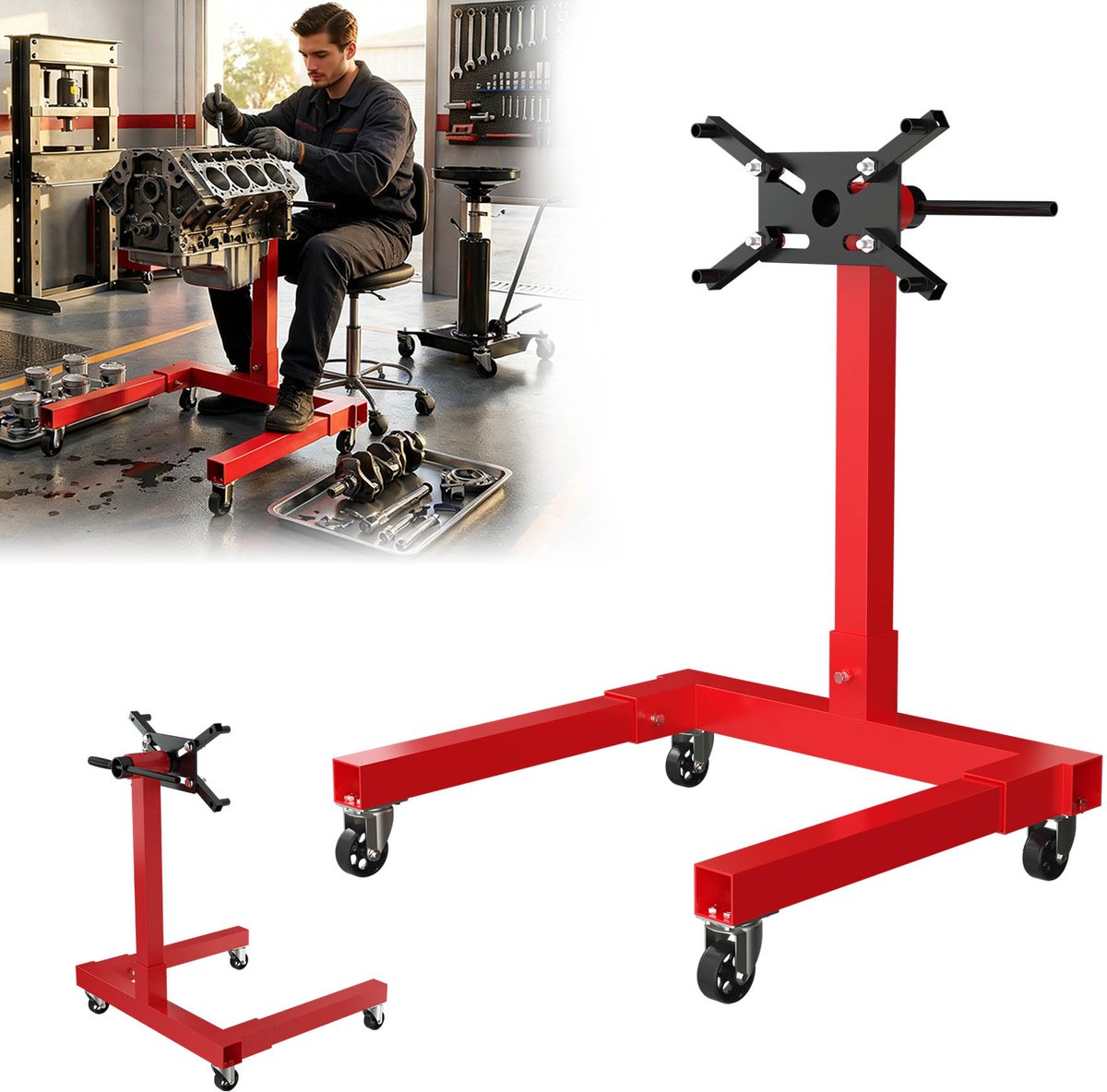 ACXIN Motorstandaard Auto – Motorsteun Motorblok Houder Staal – 360° Draaibare Kop – 4 Verstelbare Armen – Met 4 Wielen en Antislip Handgreep voor Werkplaats en Garage – 570 KG