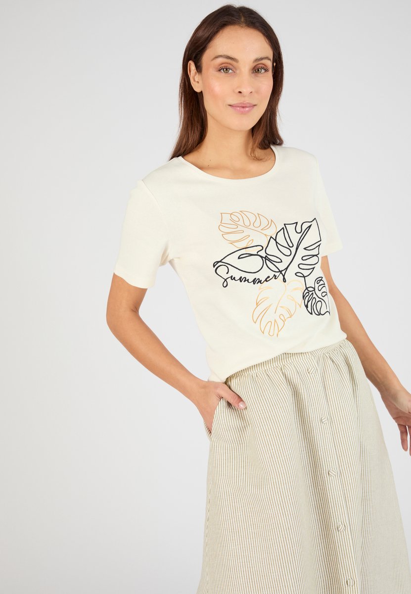 Damart - T-shirt geborduurd zuiver katoen - Dames - Beige - L