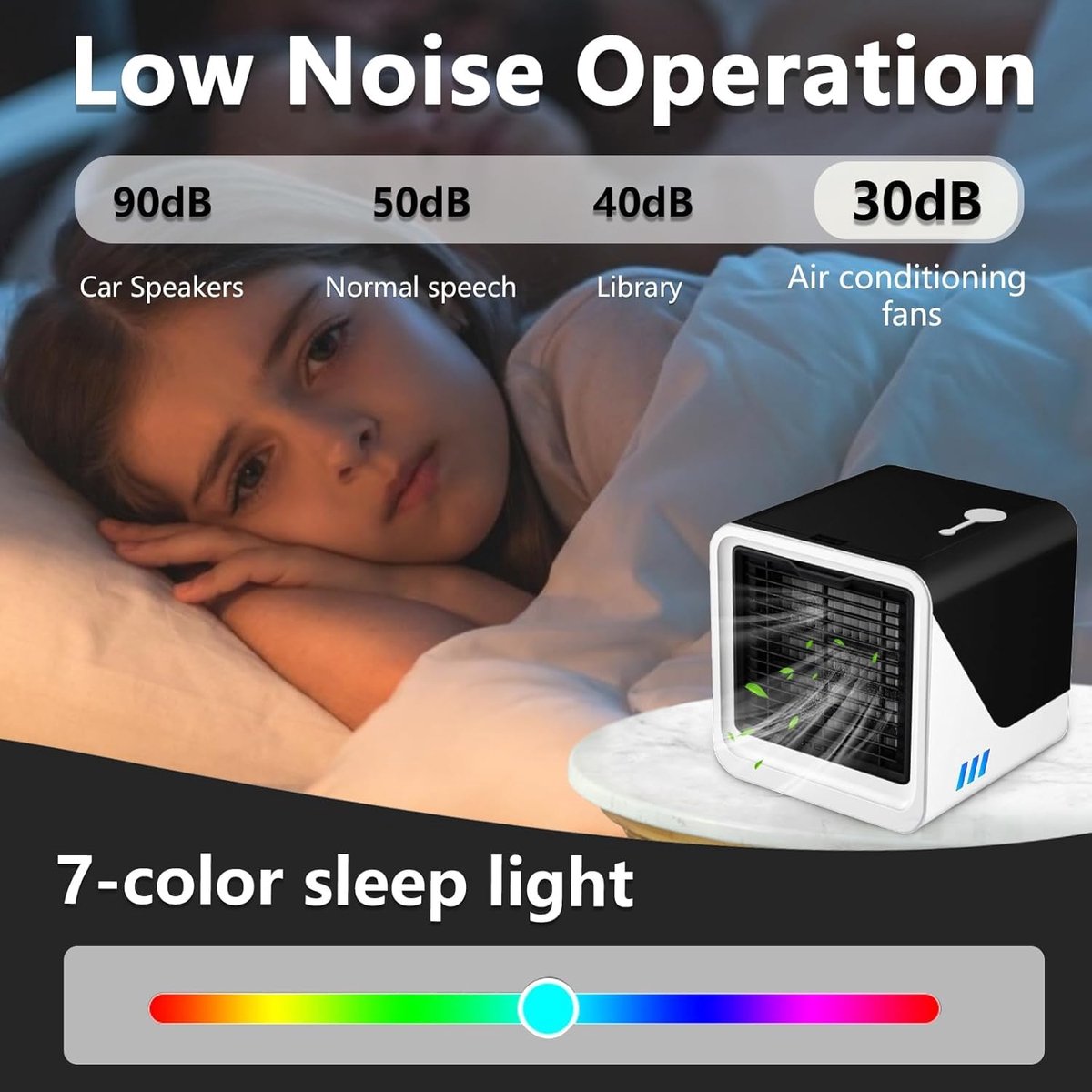Draagbare Luchtkoeler, 3-in-1 Mini Mobiele Airco zonder Afvoerslang met 500ml Watertank, 3 Snelheden, 7 Kleuren LED, Stille USB Tafelventilator voor Slaapkamer, Kantoor en Bureau — afbeelding 8
