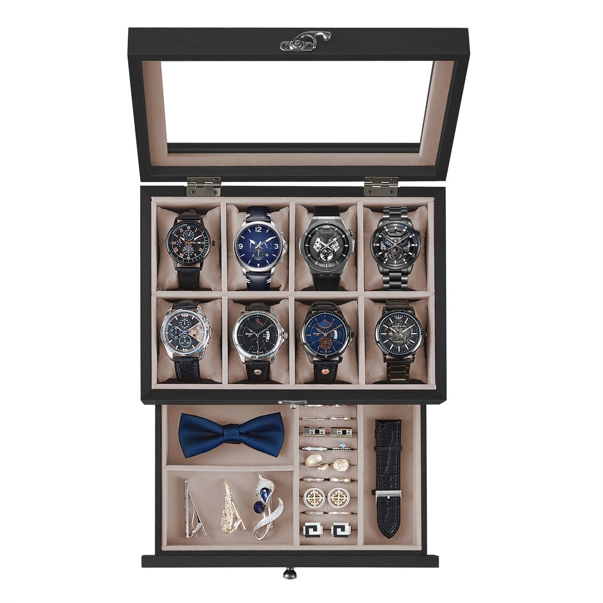 SONGMICS JOW008B01 - Horlogebox met 8 Vakken - Massief Hout - Glazen Deksel - Voor Sieraden