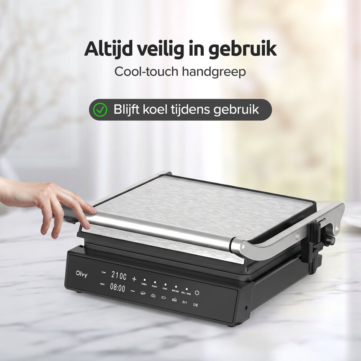 Olvy Contactgrill XL - Uitneembare PFAS-vrije platen - 180º Uitklapbaar - Vaatwasserbestendig - Met Temperatuurregeling - Panini - Croque Monsieur Toestel - Grill Apparaat - Tosti Ijzer - Apparaten — cadeau in Kookcadeaus - foto 5