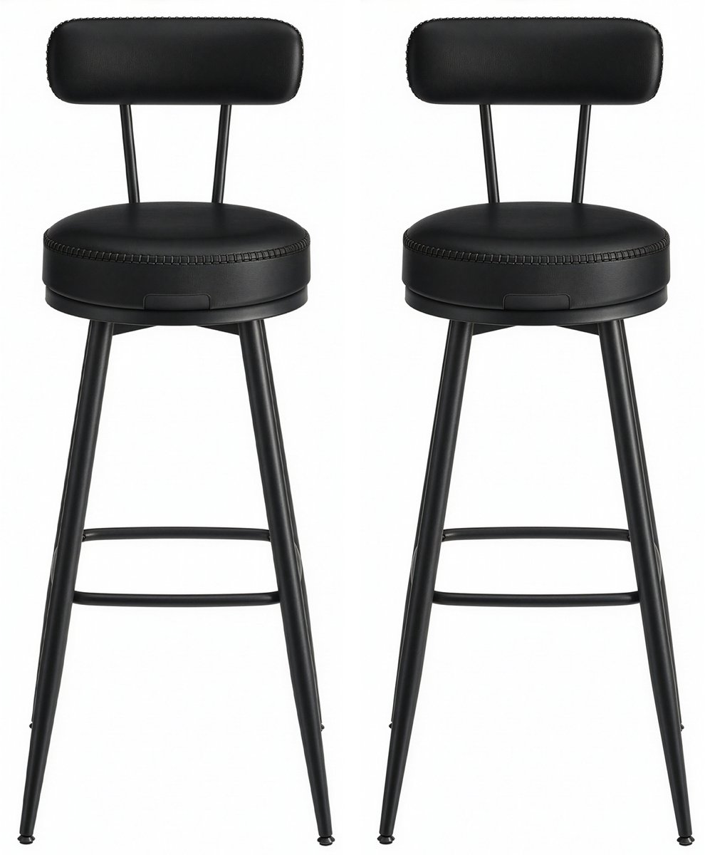 Vasagle Barkruk - Set van 2 - Hoge Draaibare Krukken met Rugleuning - Kunstleer - Voor Keuken en Bar Zwart