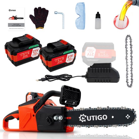 Accu-kettingzagen, 12 inch elektrische kettingzaag, 2 * 4000 accu’s, 1 rechte ketting + 1 reserveketting, kettingzaag 1000 W