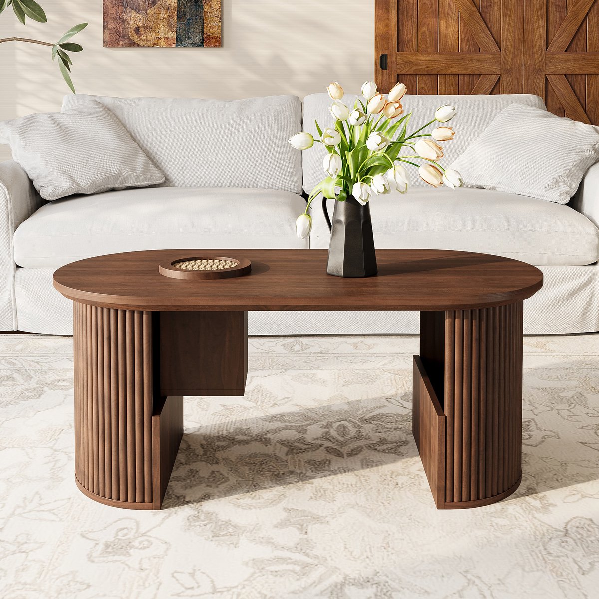 REDOM - Salontafel - Ovaal Met Opbergvakken En Open Vakken - Scandinavische Stijl - Voor Woonkamer - MDF - Walnootkleur - 105 x 50 x 46,5 cm