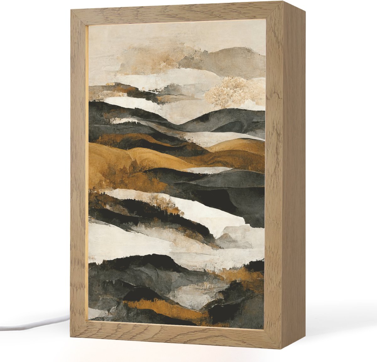 Tafellamp 20x30 cm - LED lamp - Kunst - Landschap - Bergen - Zwart - Wit - Beige - Decoratieve tafellampen - Dimbaar - Tafellampje slaapkamer - Woonkamer binnen