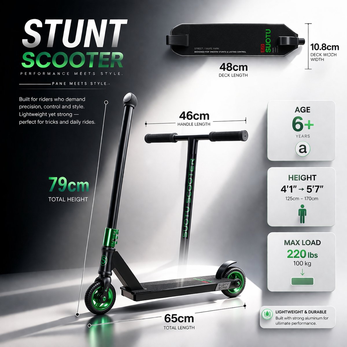 Suotu Stuntstep - Step - Stuntstep Jongens en meisjes - Kinderstep - Maximale stuurhoogte: 78 cm - Aluminium - Zwart/Green — afbeelding 7