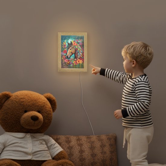 Nachtlampje 15x20 cm - Kinder lampje - Paard - Bloemen - Schilderij - Natuur - Verf - Tafellamp kinderkamer - Slaapkamer lamp - Bedlamp kinderen - Kinderlampje stopcontact - Wandlamp babykamer - Nachtlampjes van OnlyWow — afbeelding 5