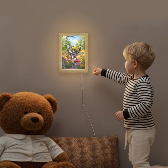 Nachtlampje 15x20 cm - Kinder lampje - Wasbeer - Natuur - Bloemen - Bouwhelm - Tafellamp kinderkamer - Slaapkamer lamp - Bedlamp kinderen - Kinderlampje stopcontact - Wandlamp babykamer - Nachtlampjes van OnlyWow — afbeelding 5