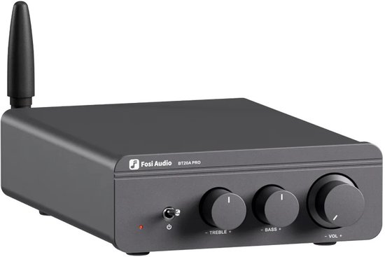 Zwarte Fosi Audio BT20A PRO versterker met volumeknoppen, bas- en treble-regelaars en een rode aan/uit-indicator.