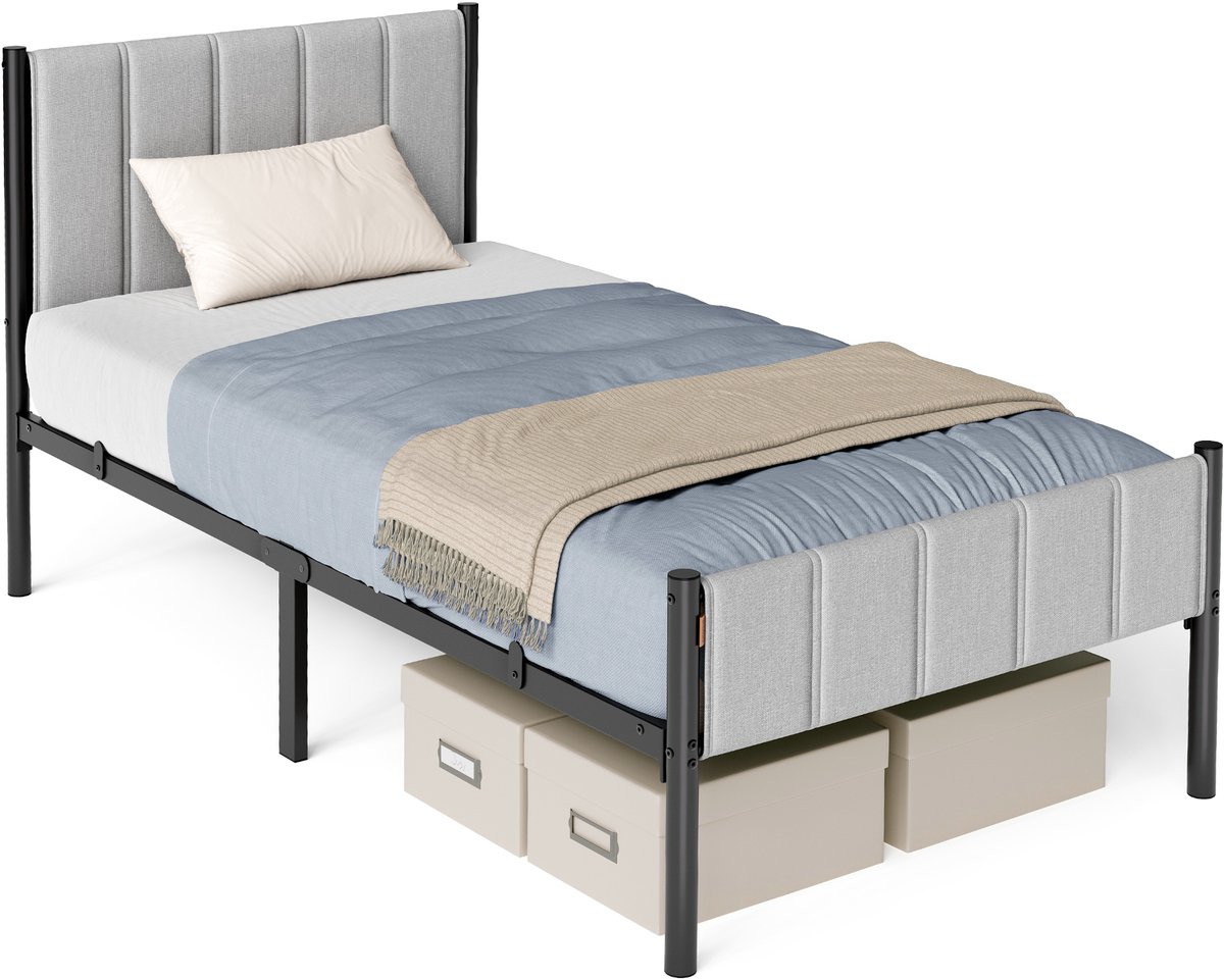 Vasagle Bed - Metalen Bed - Gestoffeerd Hoofdbord - Stalen Frame - Draagvermogen tot 250 kg Duifgrijs