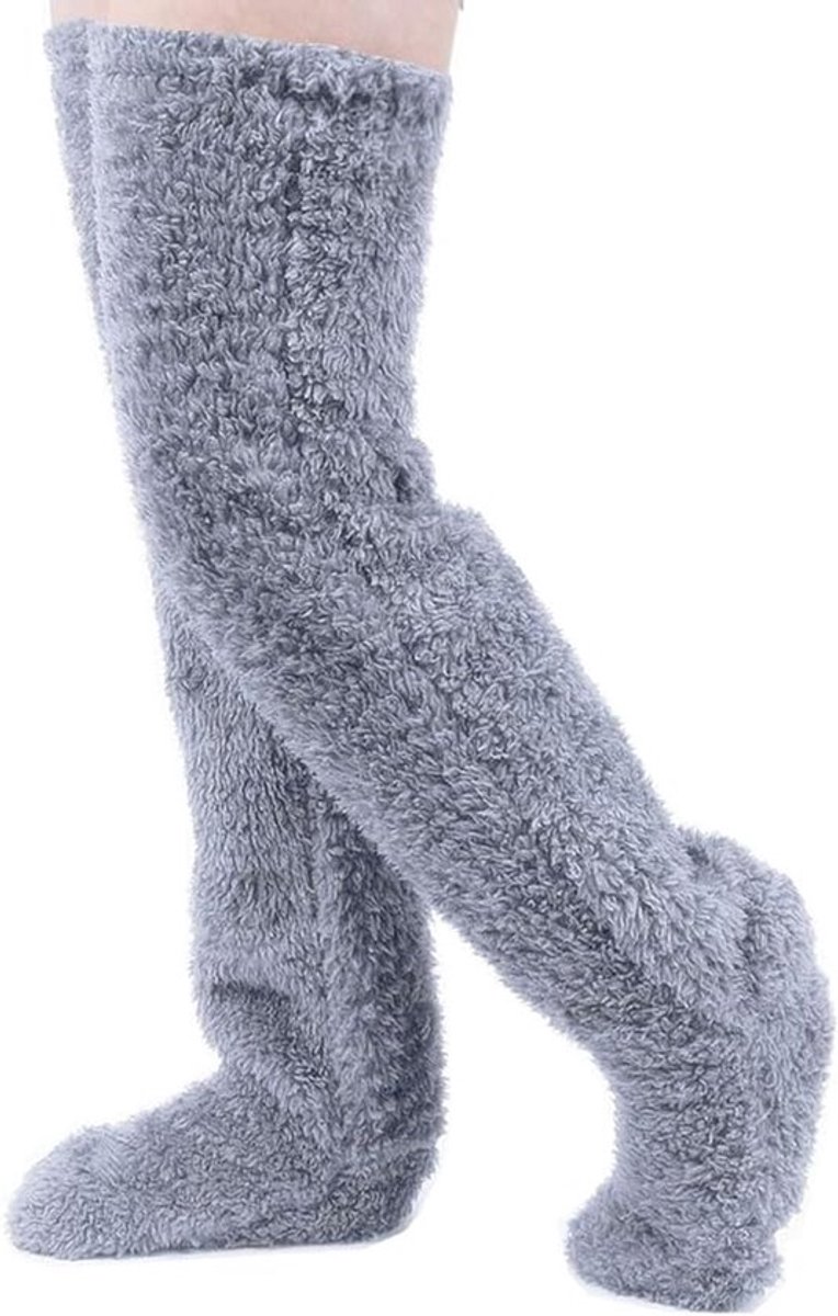 Home Socks - Overknee Fleece Sokken - 55cm - Fleece Pantoffels Kousen - Pluizig - Lange Benen - Warme Broek - Winter - Home Sleep Socks - Lichtgrijs