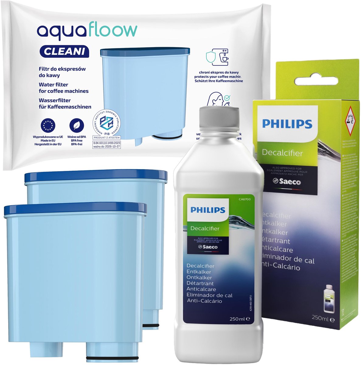 Aquafloow / Philips Onderhoudsset voor Koffiemachines Philips Saeco - Ontkalker 250ml CA6700 + 2x AquaFloow Cleani Waterfilter