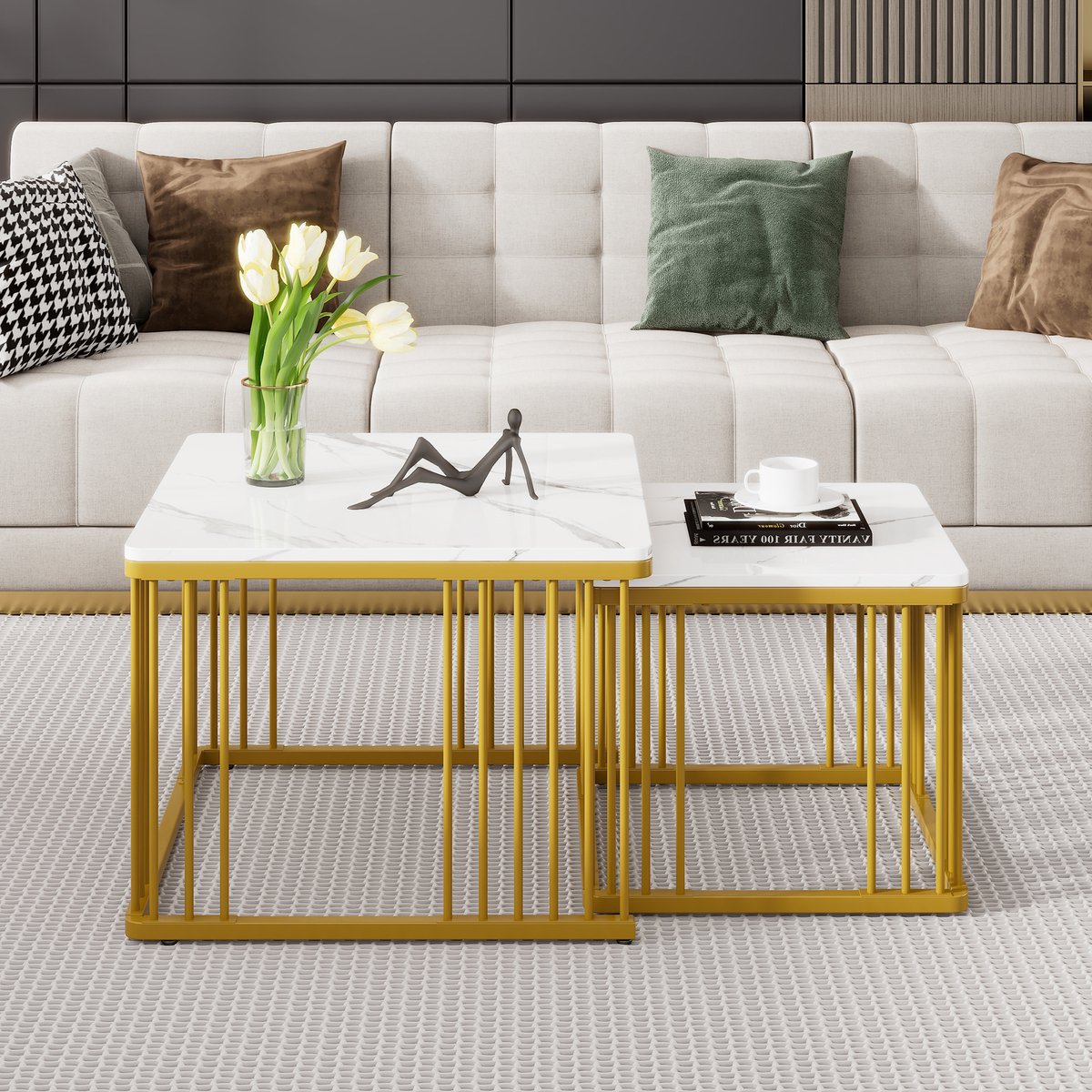 Wishdor Set Van 2 Vierkante Salontafels - Inschuifbaar - Hoogglans Marmerlook - Modern - Voor De Woonkamer - MDF - Wit - 60 X 60 X 45 Cm En 45 X 45 X 40 Cm