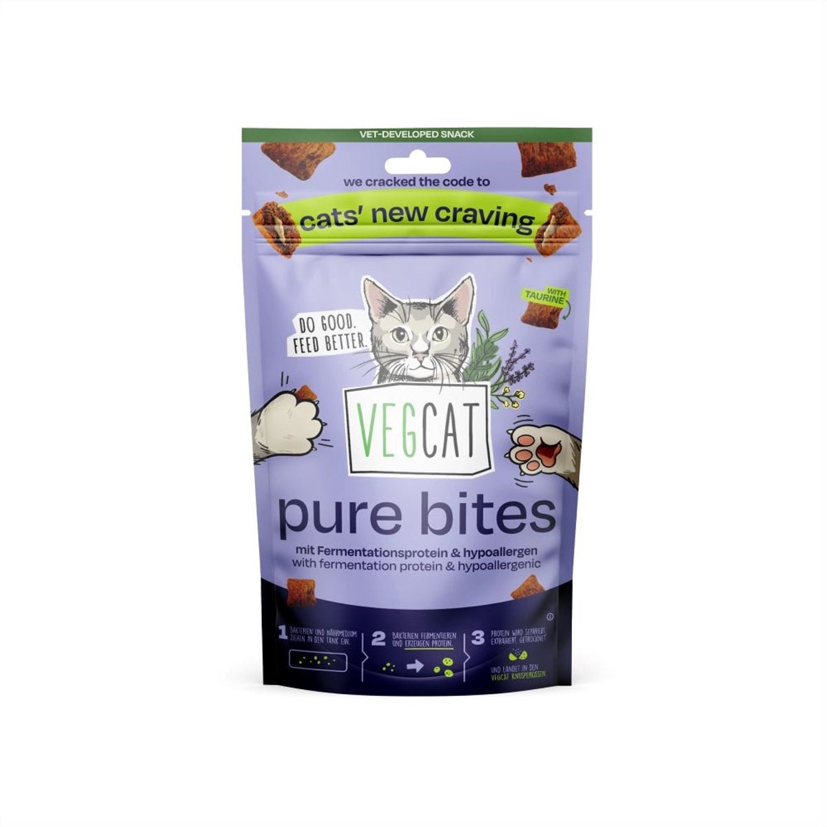 VEGCAT Pure Bites - Hypoallergene Katten Snacks - Crunchy & Romige Vulling - Met Taurine - Graanvrij & Plantaardig - Vegan