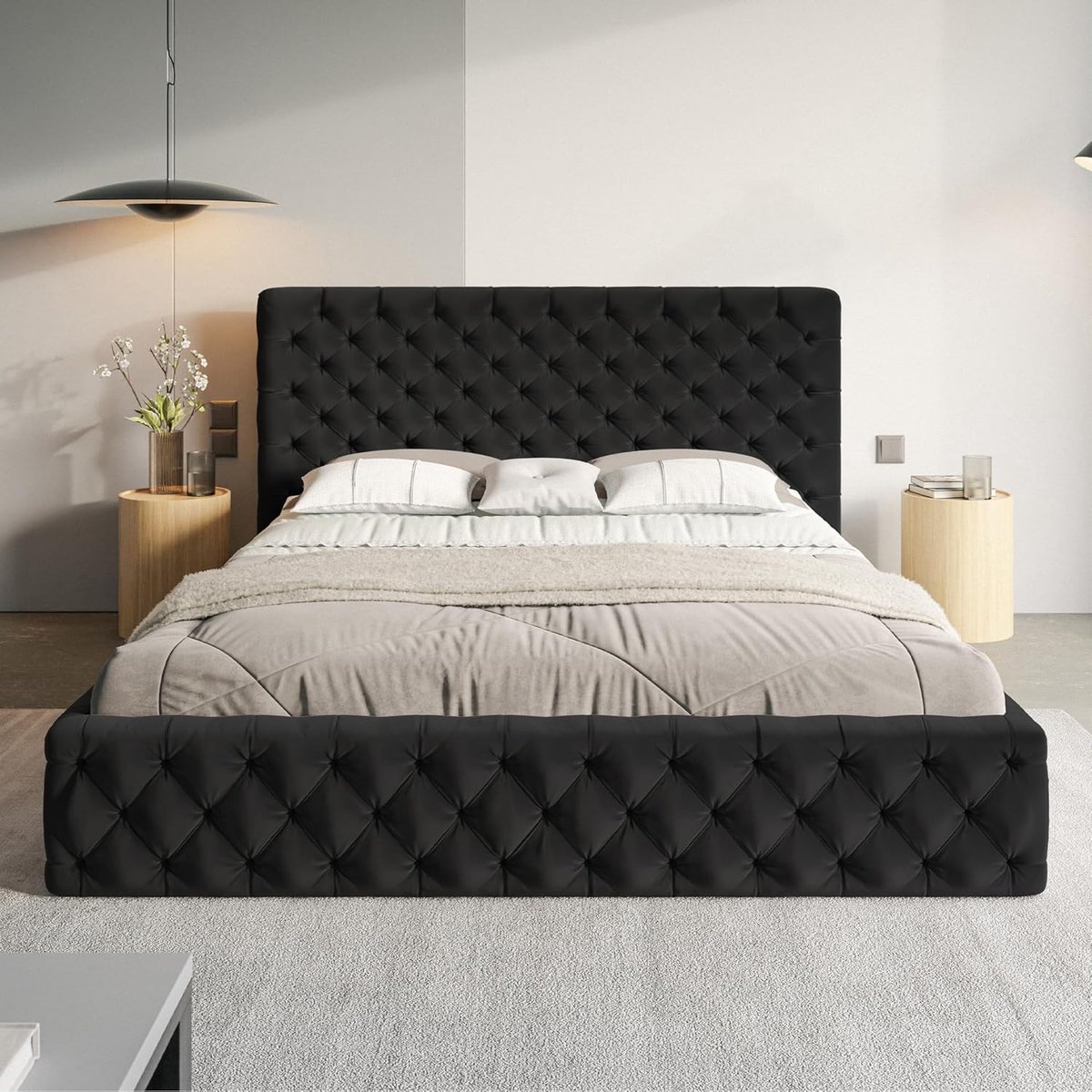 Gestoffeerd Chesterfield Bed 180x200 cm Zwart Fluweel met Opbergruimte, Hoofdeinde en Lattenbodem – Zonder Matras – Luxe Platformbed voor Slaapkamer – NoviHome