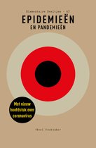 Boekcover: 'Epidemieën en pandemieën' met een cirkelvormig ontwerp in rood en zwart op een beige achtergrond. Tekst: 'Met nieuw hoofdstuk over coronavirus'.