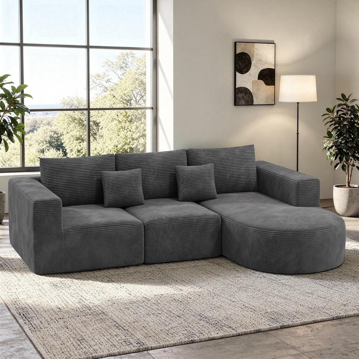 Hoekbank met Slaapfunctie 264 x 177 x 59 cm – L-Vormige Modulaire Bank met Chaise Longue Rechts, Corduroy Ribstof, 3-Zits Design, Inclusief Kussens, Comfort Schuim met Veren – Grijs | Laura