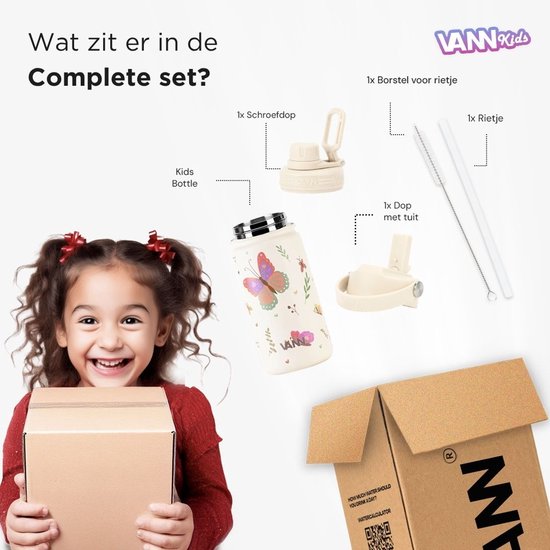 VANN® 3-Wandige Drinkfles en Schoolbeker voor kinderen met rietje in 1 – 400 ML – RVS – Met 4 accessoires – 24 uur koud/12 uur warm – Butterfly