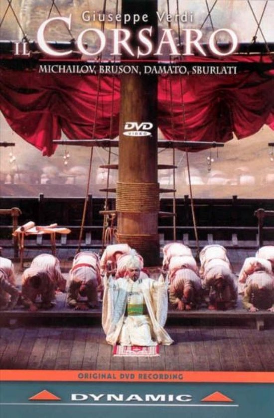 DVD-hoes voor 'Il Corsaro' van Giuseppe Verdi. Een scène toont een man in een wit gewaad en tulband, omringd door knielende figuren.