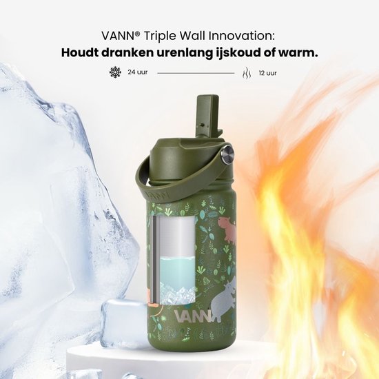 VANN® 3-Wandige Drinkfles en Schoolbeker voor kinderen met rietje in 1 – 400 ML – RVS – Met 4 accessoires – 24 uur koud/12 uur warm – Jungle