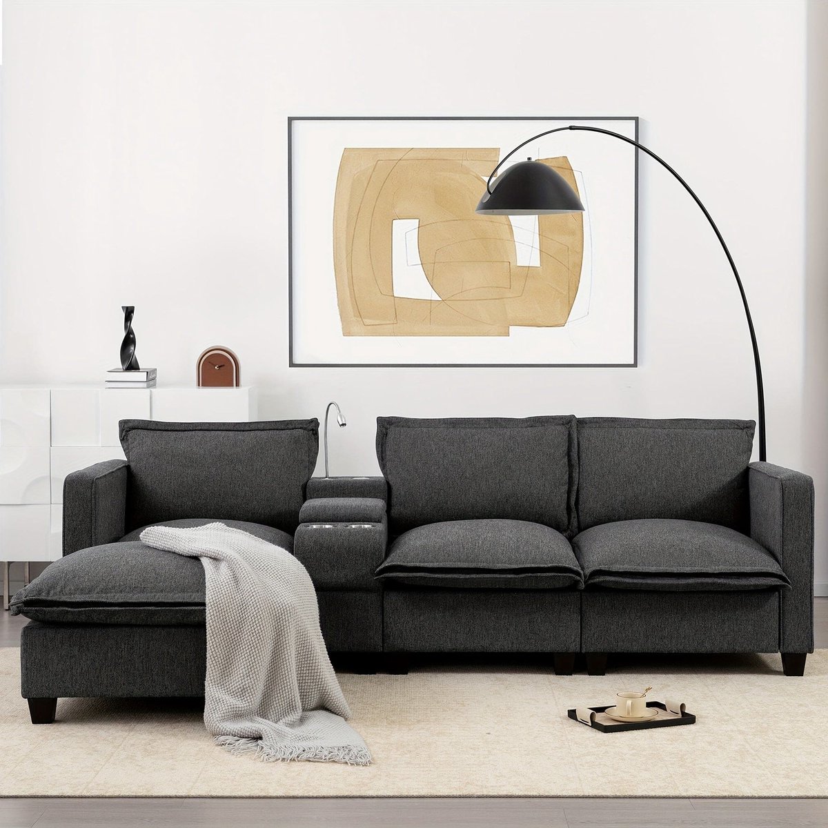 3-zitsbank – 3-zits sofa – hoekbank – loveseat – zitbank – grijze chenille stof – ingebouw
