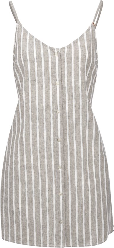 Avant d'une robe à rayures verticales grises et blanches, col en V et boutons.