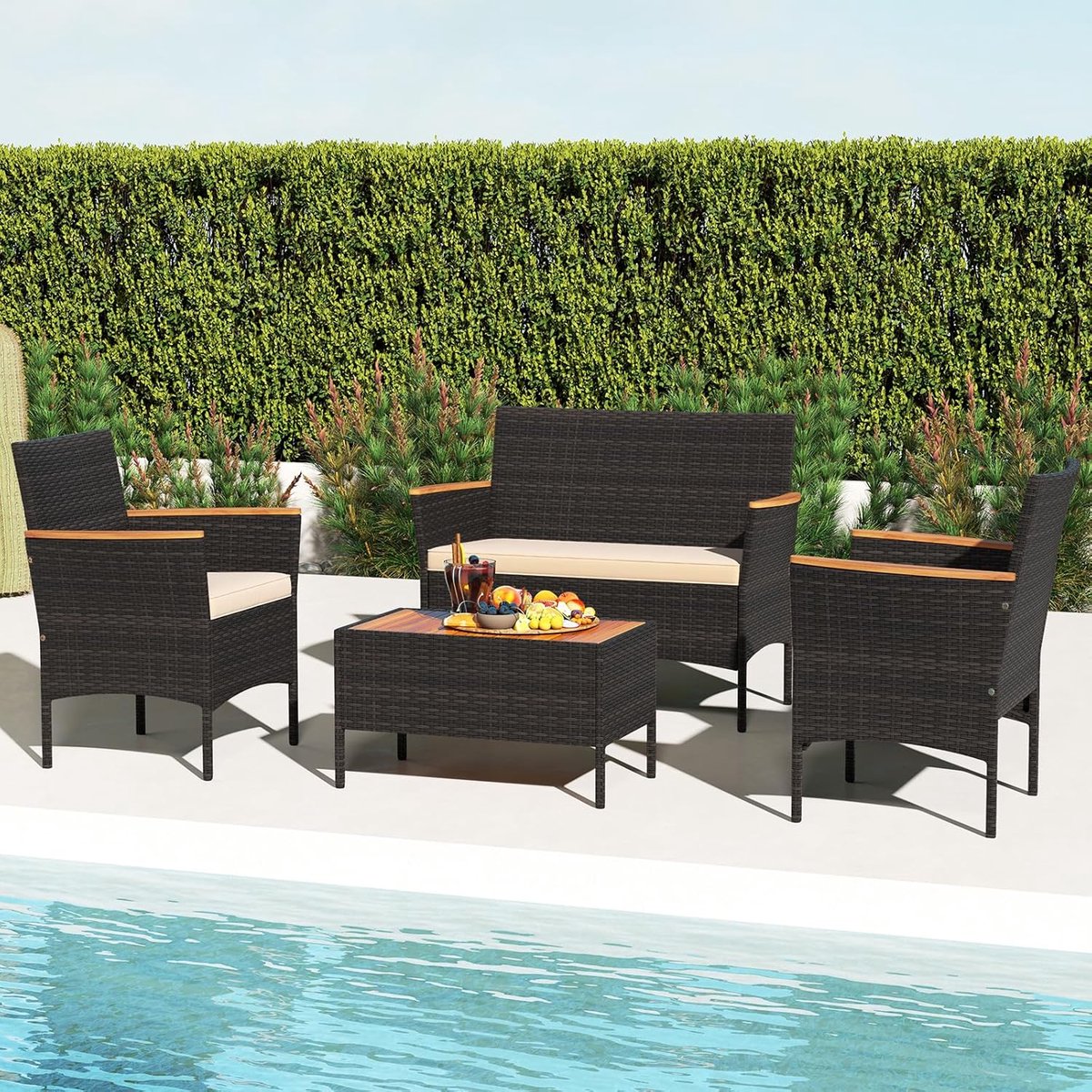 Luxe Polyrattan Lounge Tuinset met Acacia Houten Tafelblad, 4-Delige Balkonset met 2 Stoelen, 2-Zits Bank en Tafel, Inclusief Zachte Kussens, Weerbestendig en Duurzaam