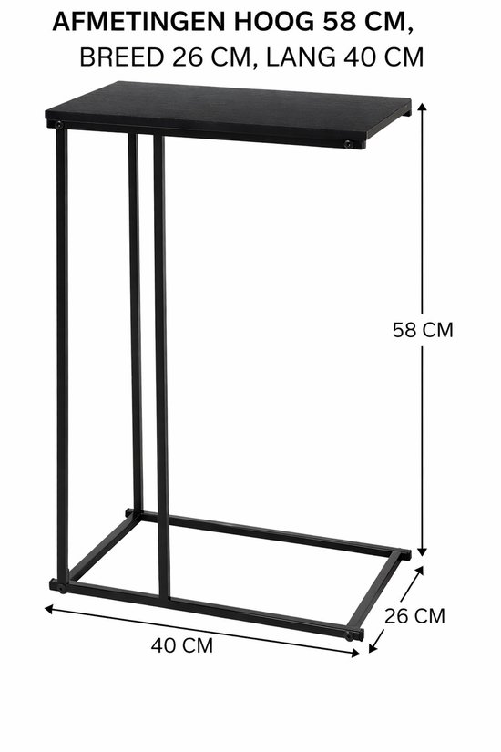 Zwart bijzettafel met metalen frame en houten blad. Afmetingen: 58 cm hoog, 26 cm breed, 40 cm lang.