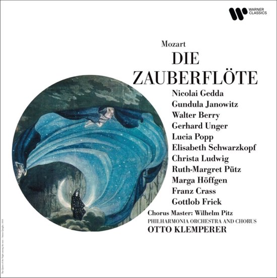 Cover van "Die Zauberflöte" van Mozart met een illustratie van de Nachtkoningin op een maan.