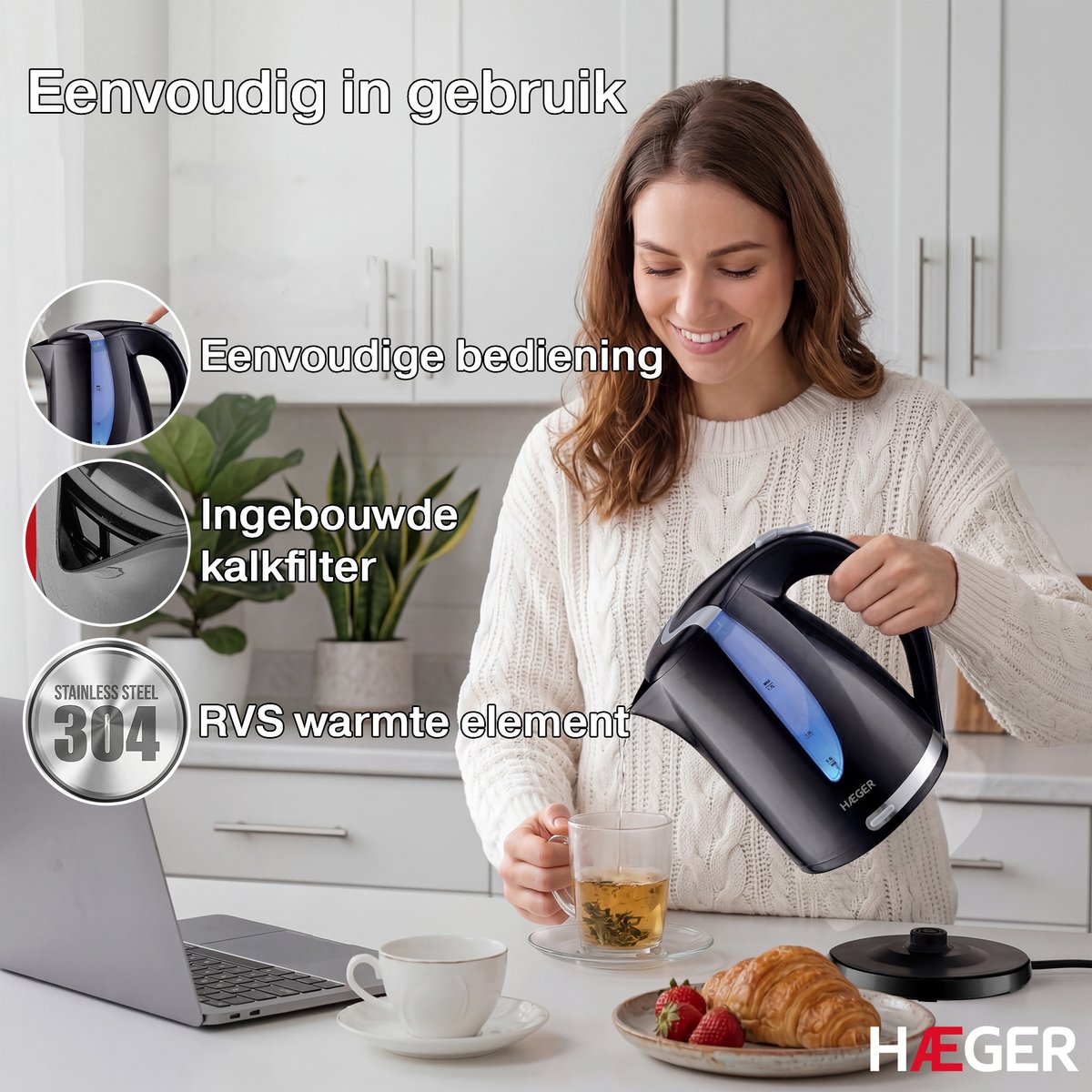 Haeger Blackness Waterkoker - 360° draaibaar - 1.7L - 2200W - Elektrisch - Cool Touch - Zwart — afbeelding 5