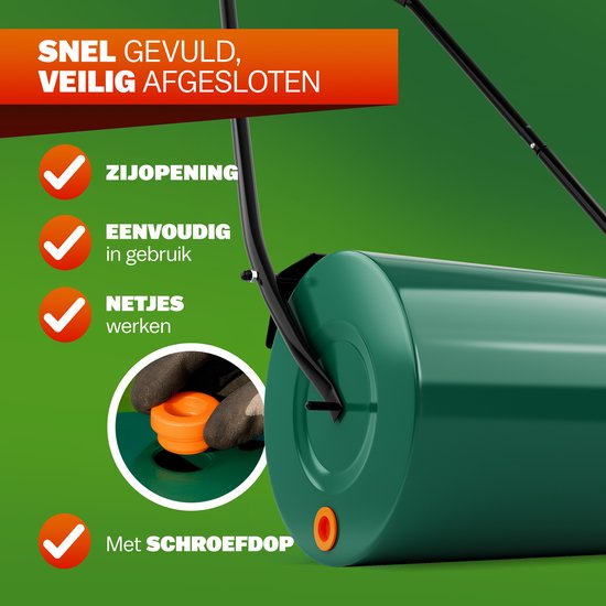 Groene tuinwals met groene trommel, zwarte handgreep, oranje schroefdop, makkelijk in gebruik.