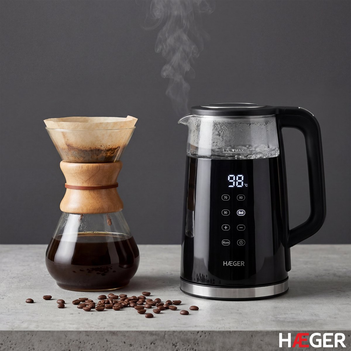 Haeger Digiglass Waterkoker met Temperatuurregeling - Anti-kalkfilter - Warmhoudfunctie - Dubbelwandig - Elektrisch - 1,7 Liter - 2200W - Zwart — afbeelding 6