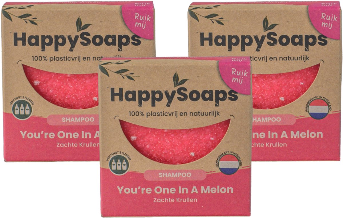 HappySoaps You’re One in a Melon – 3× Shampoo Bar – Halfjaar Box – Natuurlijke Shampoo – Watermeloengeur – Voordeelverpakking