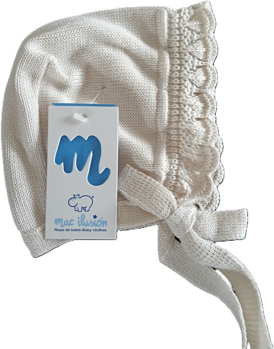 Mac Ilusion Baby mutsje / bonnet met ajour rand | natural | met gebreid striklint | maat 56-62 | 1-3 maand