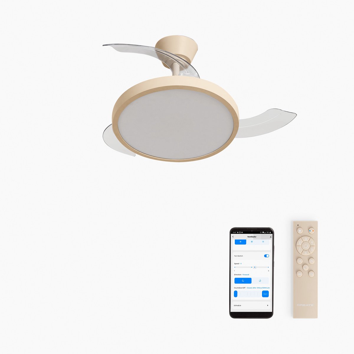 CREATE - Plafondventilator 40W stil met intrekbare bladen met licht - Ø91cm - Zand - WIFI + afstandsbediening - WIND CLEAR STUDIO