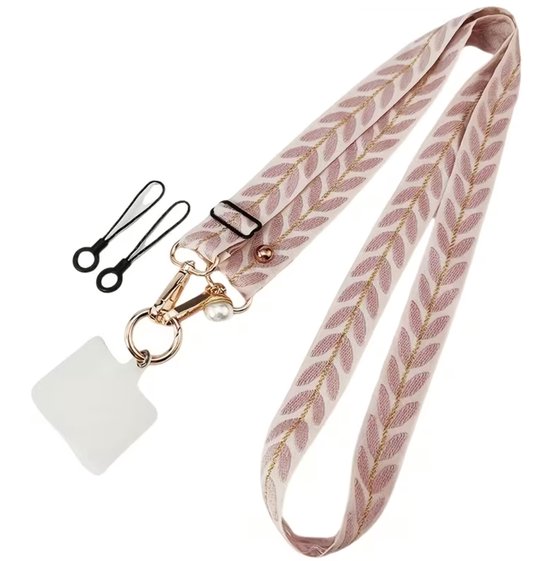 Cordon de téléphone 'Perle' avec motif de feuilles rose/crème, détails dorés, ajustable jusqu'à 130 cm.