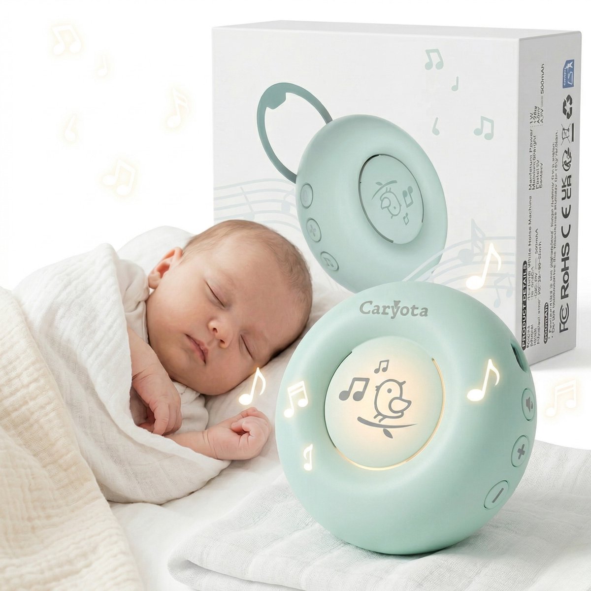 Caryota White Noise Machine - Witte Ruis Apparaat - Slaaphulp Baby - Slaapliedjes - Huildetectie - Slaaptrainer - 20 Geluiden - Timer - Draadloos