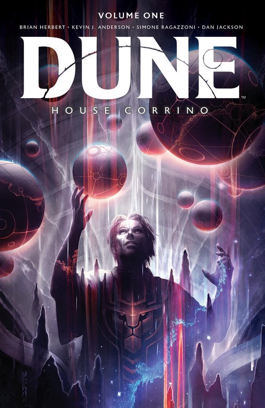 Dune: House Corrino Volume One comic boek met een man die zijn handen omhoog houdt naar zwevende bollen.