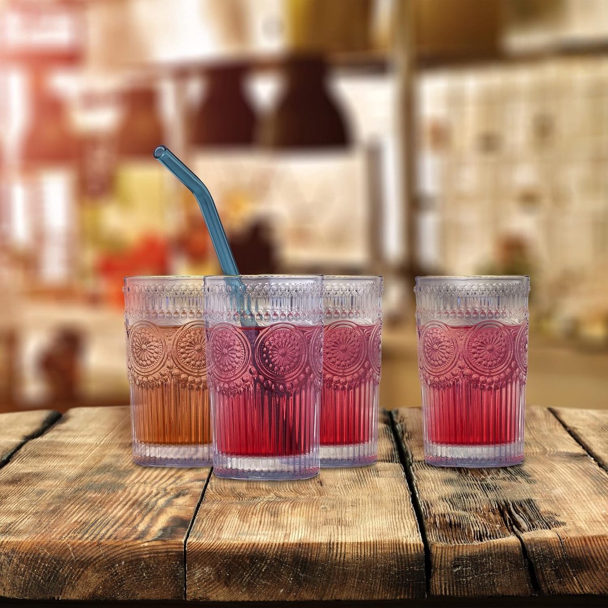 set van 4, 400 ml, boho waterglazen, vaatwasserbestendig, gouden rand, sapglazen, transparant