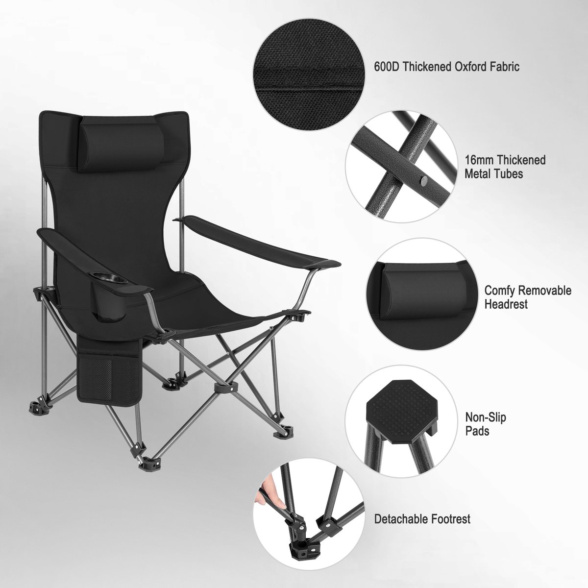 Campingstoelen - Vouwstoel - Campingstoel opvouwbaar - Strandstoel inklapbaar - Loungestoel buiten - Lichtgewicht Visstoel met Hoofdsteun & Bekerhouder – Inclusief Draagtas – Zwart — cadeau in Sport & Outdoor - foto 6