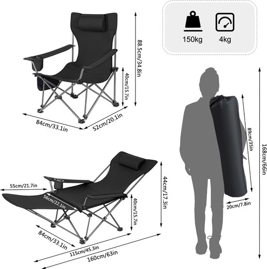 Campingstoelen - Vouwstoel - Campingstoel opvouwbaar - Strandstoel inklapbaar - Loungestoel buiten - Lichtgewicht Visstoel met Hoofdsteun & Bekerhouder - Inclusief Draagtas - Zwart van Merkloos — afbeelding 5